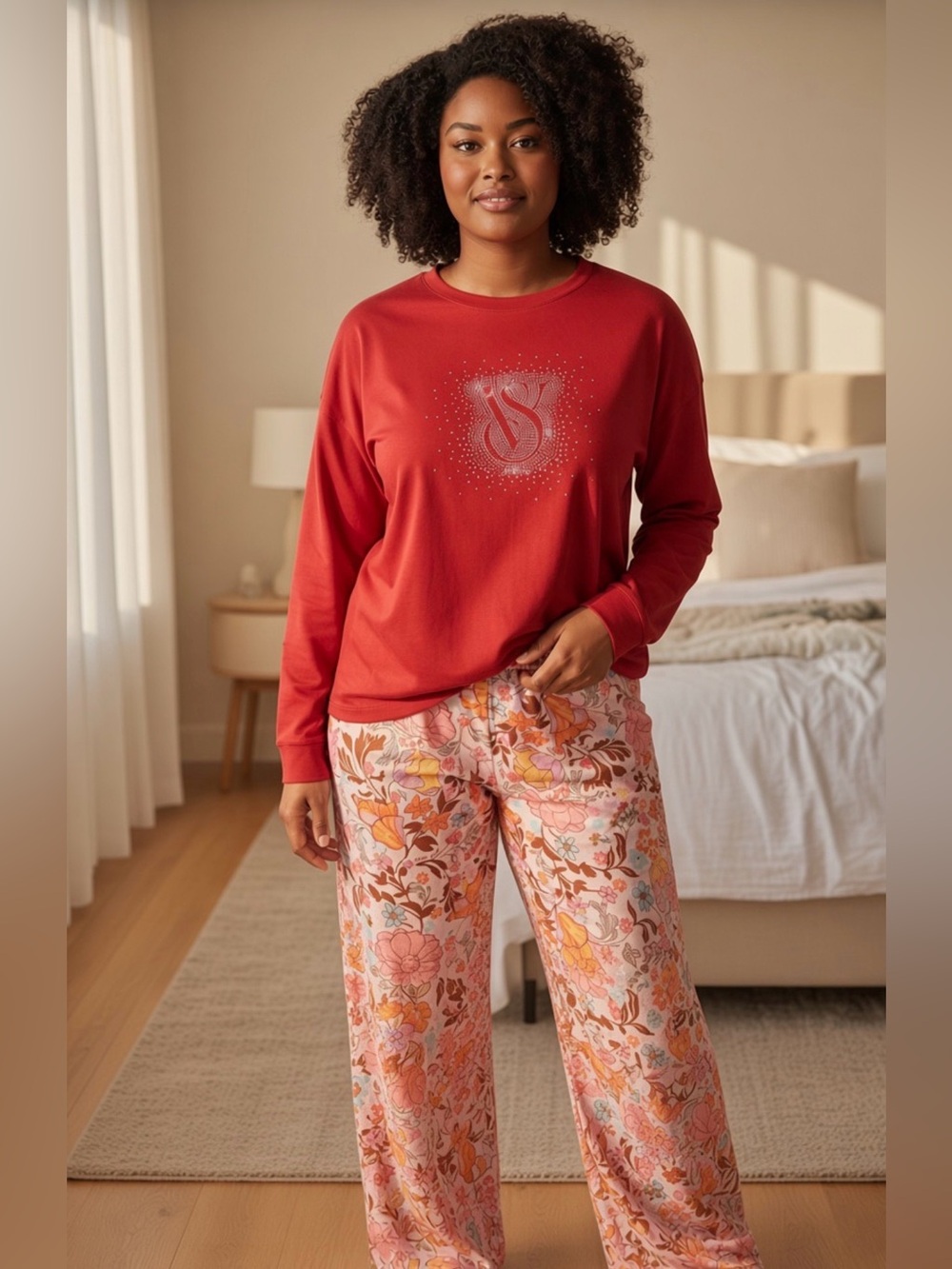 Victoria's Secret Pajama Long Sleeve Bling Logo Top & Satin Floral Bottom XS